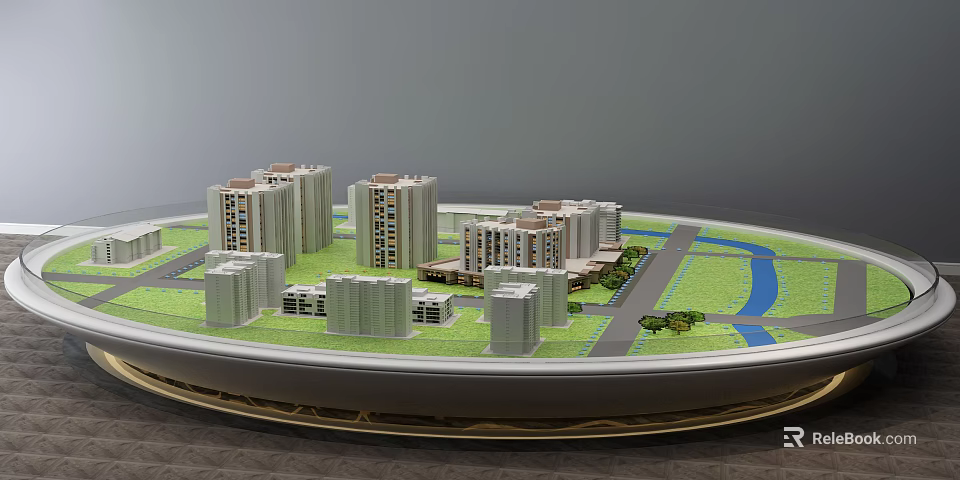 Commercial Building Model With Residential Highrise Buildings Green Areas Water Features On Circular Display Platform 3d model 