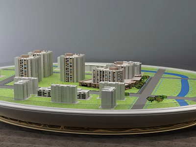 Commercial Building Model With Residential Highrise Buildings Green Areas Water Features On Circular Display Platform 3d model