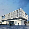 Modern Office Building Exterior With Glass Curtain Wall And Pedestrians Nearby Bicycles