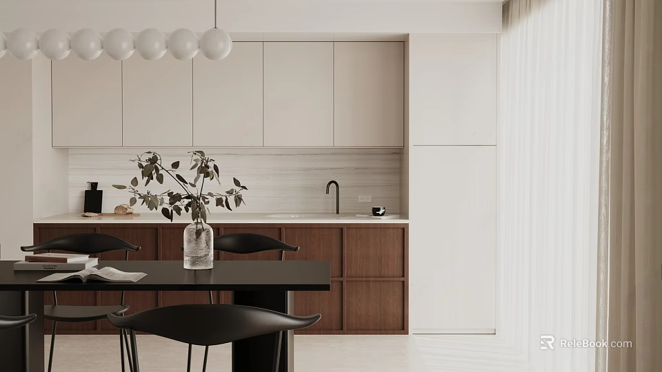 Modern Kitchen With Stylish Cabinets And Dining Area 3d model