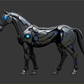 Metallic Mechanical Horse Character With Blue Glowing Eyes And Shiny Surface