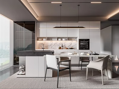 Modern Restaurant Interior Design With Dining Table Chairs And Marble Countertop 3d model