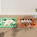 Square Carpets Featuring Green Orange Colors Cartoon Characters Text Designs on Wooden Floor