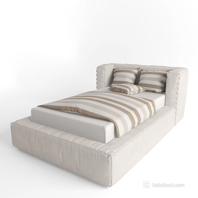 Comfortable Double Bed with Striped Bedding Matching Pillows and Upholstered Frame 3d model