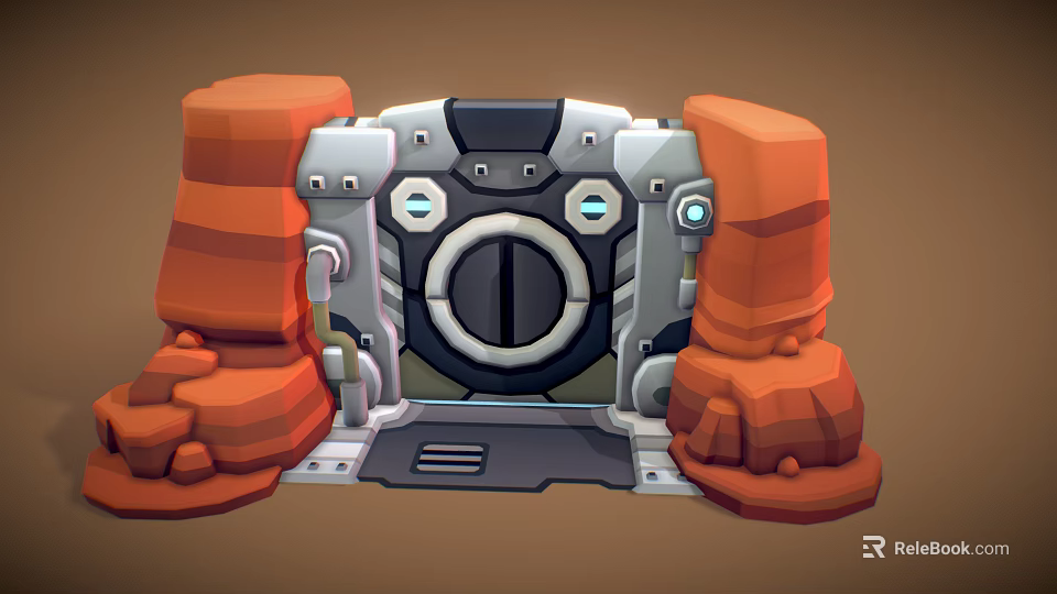 Futuristic Sci Fi Door Structure With Circular Design And Red Rock Side Components 3d model