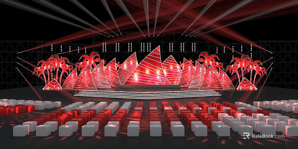 Vibrant Stage Design With Red Triangular Decorations Palm Trees And Seats 3d model