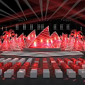 Vibrant Stage Design With Red Triangular Decorations Palm Trees And Seats 3d model