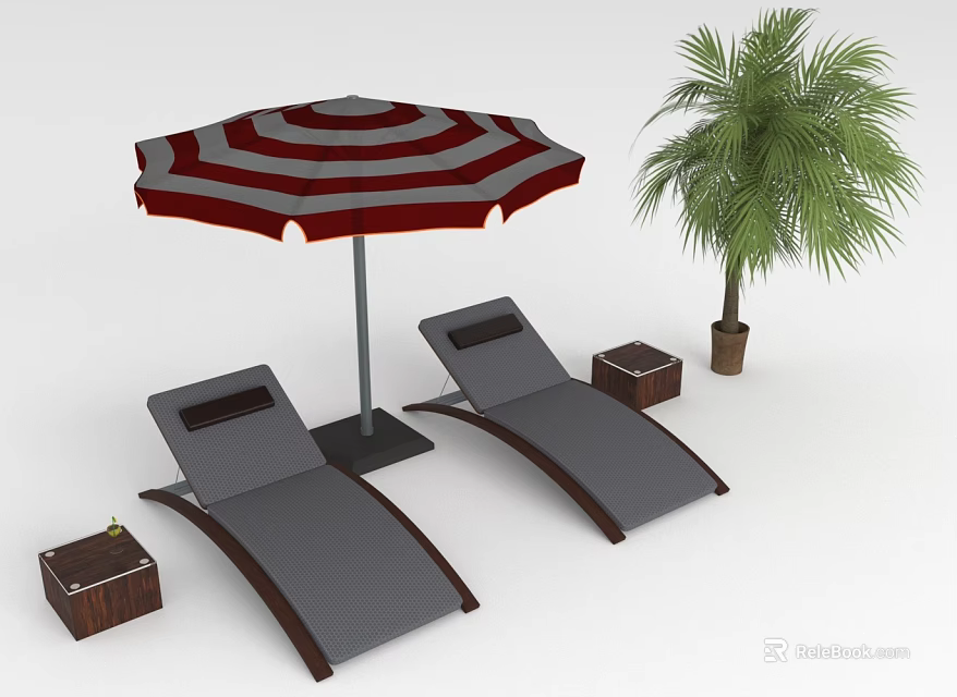 Outdoor Lounge Chairs With Red And White Striped Umbrella Palm Tree And Wooden Boxes 3d model 