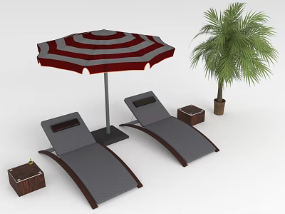 Outdoor Lounge Chairs With Red And White Striped Umbrella Palm Tree And Wooden Boxes 3d model
