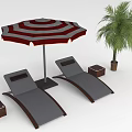 Outdoor Lounge Chairs With Red And White Striped Umbrella Palm Tree And Wooden Boxes