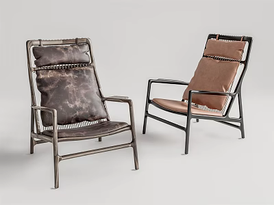 Two Leisure Chairs With Metal Frame Leather Cushion And Woven Back Vintage Modern Design 3d model