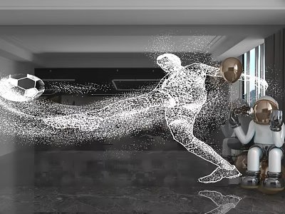 Modern Interior Wall With Football Player Particle Effect Astronaut Figurine Marble Floor And Window 3d model