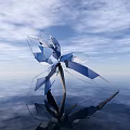 Blue Geometric Polygonal Sculpture on Calm Water Surface with Reflection Under Sunlight and Blue Sky White Clouds