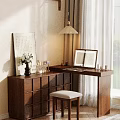 Mid Century Solid Wood Vanity Table With LED Makeup Mirror Storage Drawers And Cushioned Stool