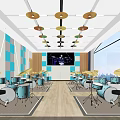 School Drum Music Classroom With Multiple Drum Sets Wall Decorations Ceiling Lights And Front Screen 3d model