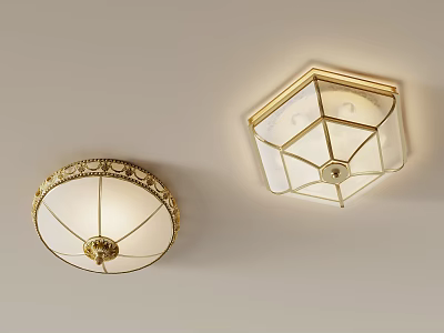 Elegant Round and Hexagonal Ceiling Lights with Gold Decorations and White Shades 3d model