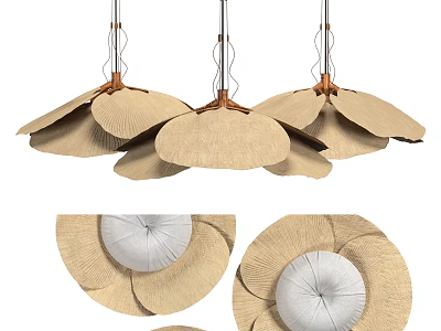 Natural Rattan Leaf Shaped Chandelier With Wooden Hanging Structure And Neutral Tones 3d model