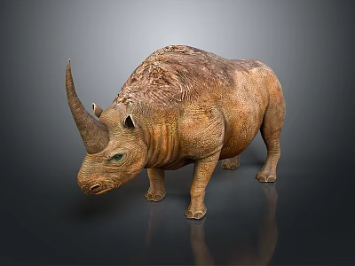 Realistic Brown Rhinoceros 3D Model With Textured Skin And Single Horn On Gray Background 3d model