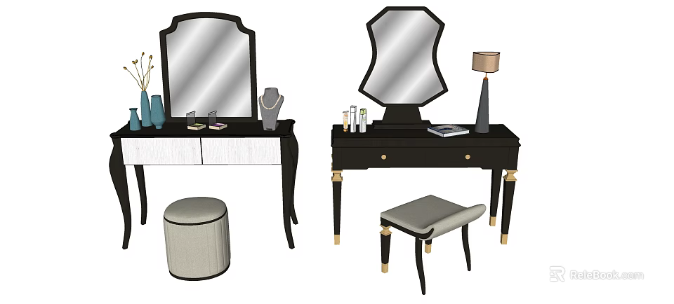 Stylish Modern Dressing Table Featuring Mirror Cosmetics Vase Lamp and Comfortable Stools 3d model