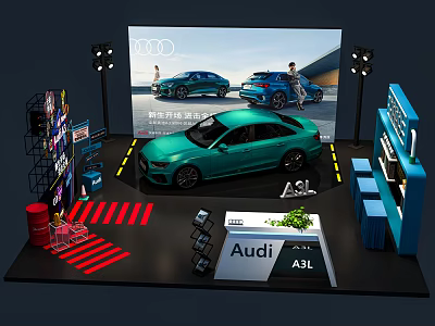 Audi A3L Exhibition Stand With Green Car Display And Billboard Featuring Cars And People 3d model