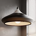 Modern Black and White Domed Pendant Light with Warm Glow Near Gray Wall and Blinds
