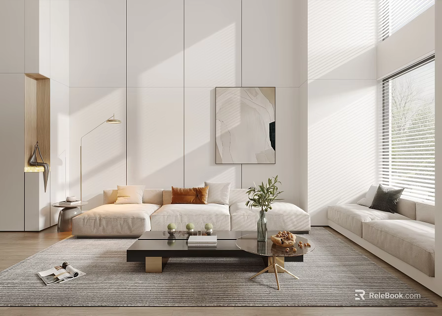 Bright Minimalist Loft Living Room With Sofas Rug And Artwork 3d model 