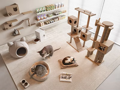 Indoor Cat Play Space With Wooden Cat Trees Beds Scratching Posts And Snacks 3d model