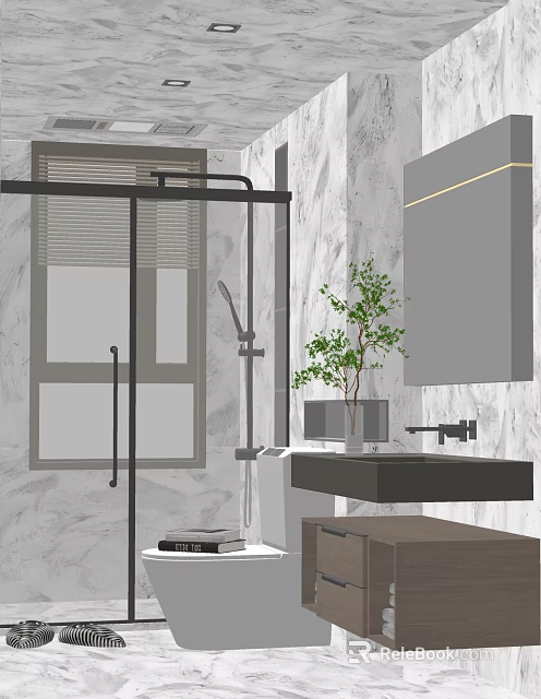 Modern Bathroom Interior Design With Shower Area Marble Wall Sink And Green Plant 3d model 