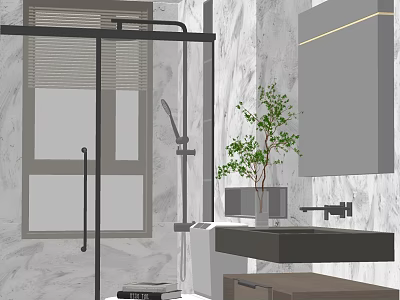 Modern Bathroom Interior Design With Shower Area Marble Wall Sink And Green Plant 3d model