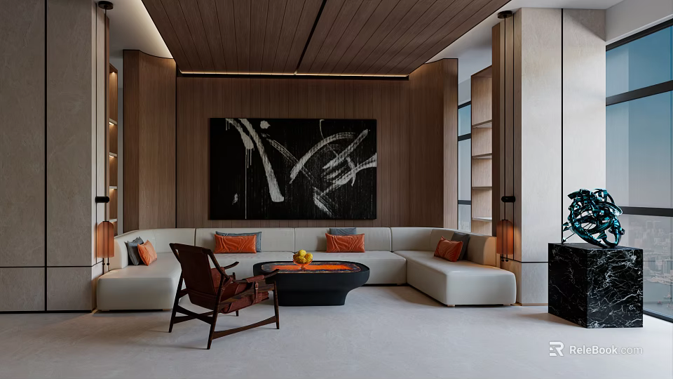 Modern Living Room With Wooden Ceiling Walls Large Abstract Painting Beige Sofa And Brown Armchair 3d model 