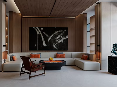 Modern Living Room With Wooden Ceiling Walls Large Abstract Painting Beige Sofa And Brown Armchair 3d model