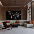 Modern Living Room With Wooden Ceiling Walls Large Abstract Painting Beige Sofa And Brown Armchair