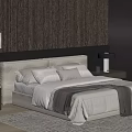 Modern Double Bed With White Bedding Pillows Throw Blanket Nightstands Lamps And Wooden Wall