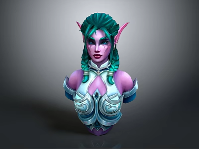 Fantasy Elf Character With Green Braided Hair Purple Skin Pointed Ears And Ornate Silver Armor Bust 3d model