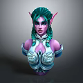 Fantasy Elf Character With Green Braided Hair Purple Skin Pointed Ears And Ornate Silver Armor Bust