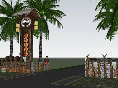 Tropical Garden Landscape With Wooden Entrance Palm Trees Lanterns Clay Pots And Decorative Fence 3d model