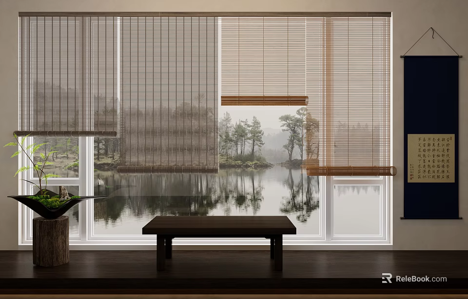 Natural Window Blinds in Home Interior with Lake View Trees and Bench 3d model 