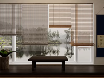 Natural Window Blinds in Home Interior with Lake View Trees and Bench 3d model