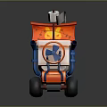 Cartoon Style Playful Toy Cart With White Body Orange Flag Blue Pipes And Wheels