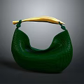 Green Leather Handbag With Gold Curved Handle And Crocodile Texture