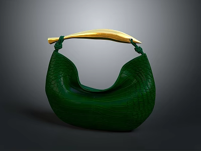 Green Leather Handbag With Gold Curved Handle And Crocodile Texture 3d model