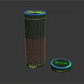 Sleek Gray Wireless Speaker With Cylindrical Design Blue Ring Light And Small Circular Device