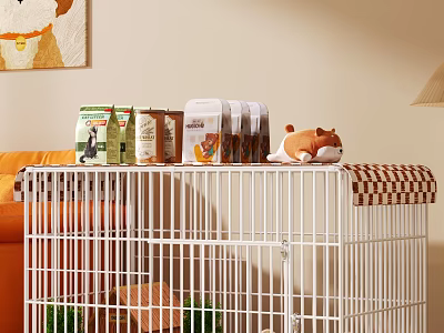 Cozy Indoor White Pet Cage with Small Dog Resting on Top and Pet Food Packages 3d model