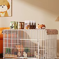 Cozy Indoor White Pet Cage with Small Dog Resting on Top and Pet Food Packages