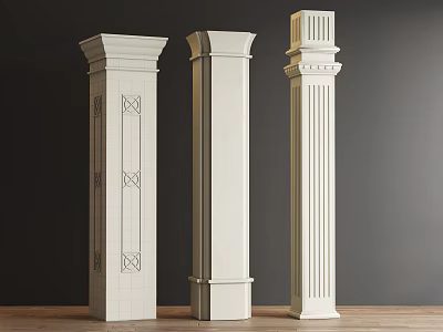White Decorative Columns Featuring Various Carved Patterns And Fluted Details For Interior Design 3d model