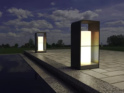 Outdoor Lights On Stone Pavement Under Night Sky With Clouds Distant Trees And Grass 3d model