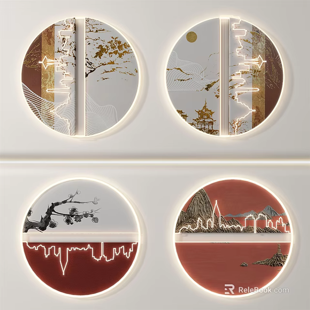 Modern Chinese Circular Illuminated Wall Decor With Landscape Tree Pavilion Moon Patterns 3d model