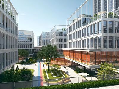 Modern Industrial Park With Glass Curtain Walls Green Spaces And Open Courtyard Areas 3d model