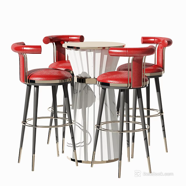 Stylish Modern Bar Counter Design With Red Leather Stools White Top And Metal Legs 3d model 