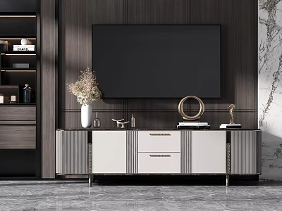 Modern White Gray TV Stand With Drawers Vase Books And Decor On Wooden Wall 3d model